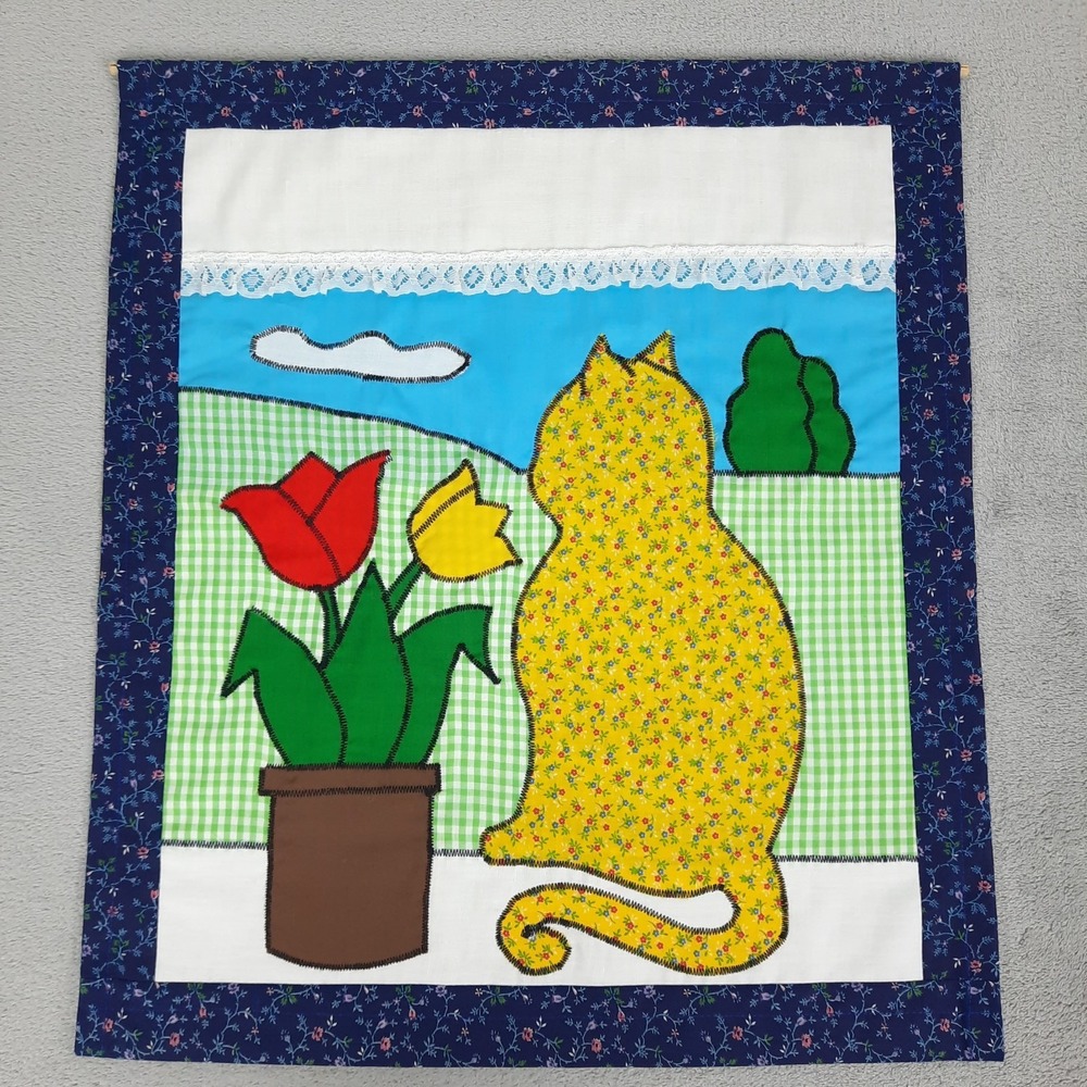 Handmade Applique‎ Wall Hanging Cat Tulips Spring Floral Cottagecore Grandma VTG
